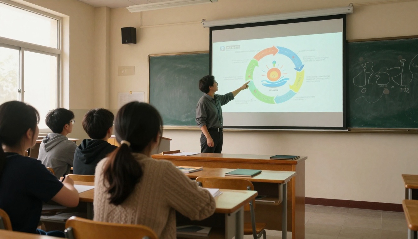 A teacher pointing to a projector screen showing an animated diagram while students watch