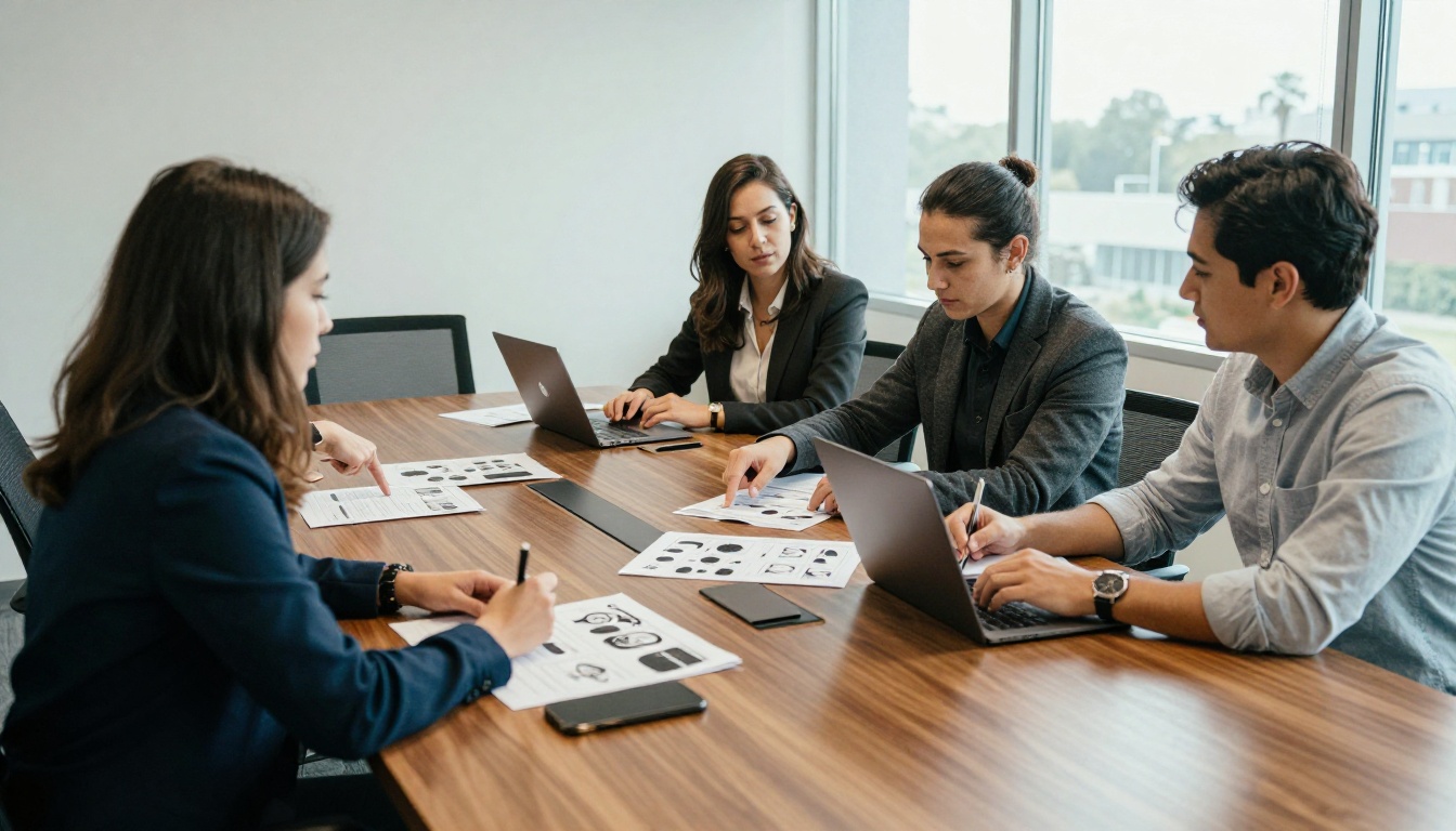 An agency team around a conference table reviewing printed storyboards