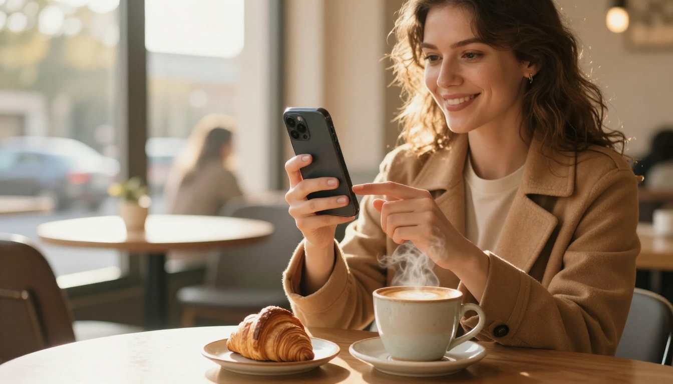 Smiling woman in a camel coat watching a short product clip on her phone in a sunlit café