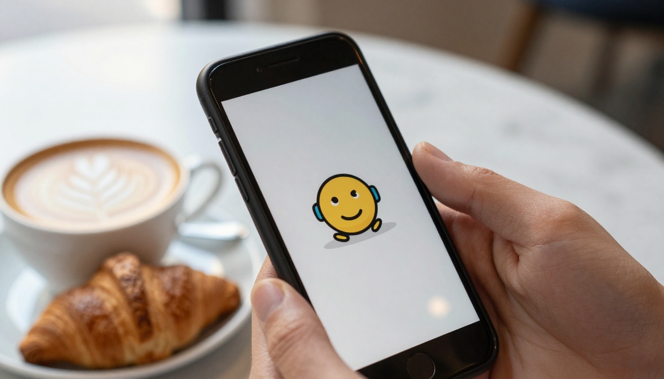 Hand holding a smartphone in a sunny cafe, the screen playing a short vertical animated clip
