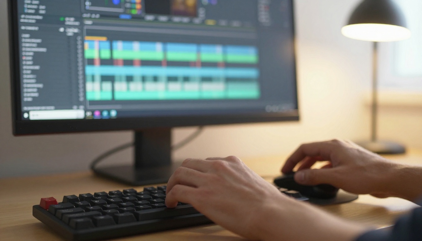 A video editor's hands on a computer with a vertical clip timeline on the monitor
