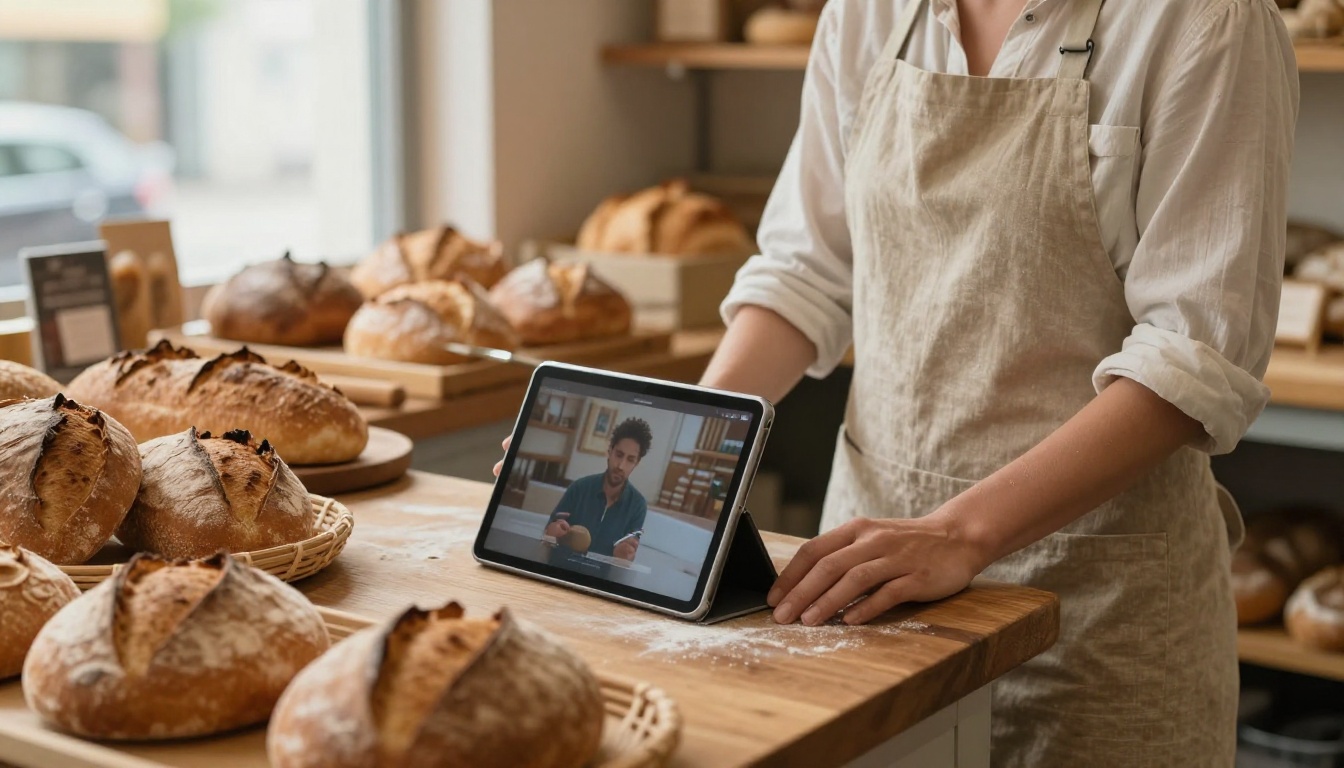 A bakery owner showing a customer a short animated product video on a tablet at the counter