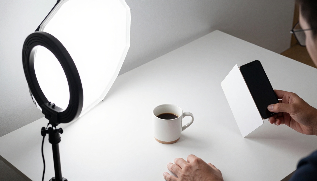 Aerial view of a small product photography setup with a ring light, softbox, tripod, and a mug on a white backdrop