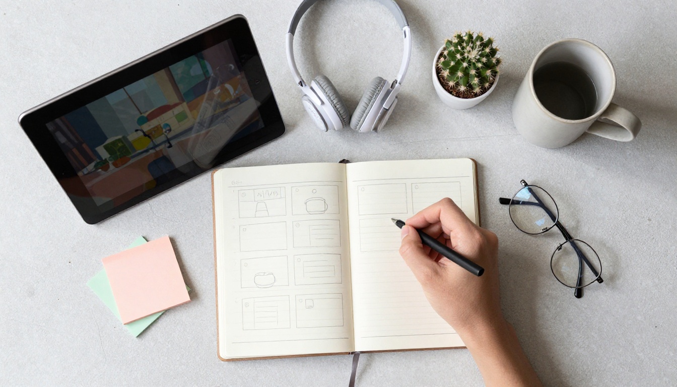 Flat lay of a creator's desk with a tablet, wireless headphones, a storyboard notebook and pastel sticky notes