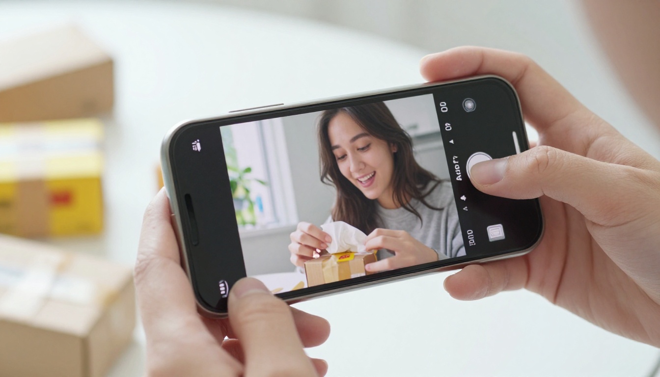 A handheld view of a smartphone on a gimbal recording an unboxing at a dining table