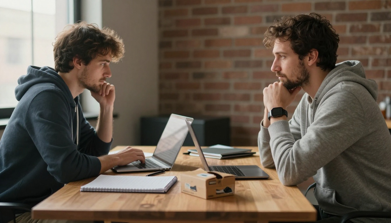 A startup founder at a standing desk comparing two options on a laptop