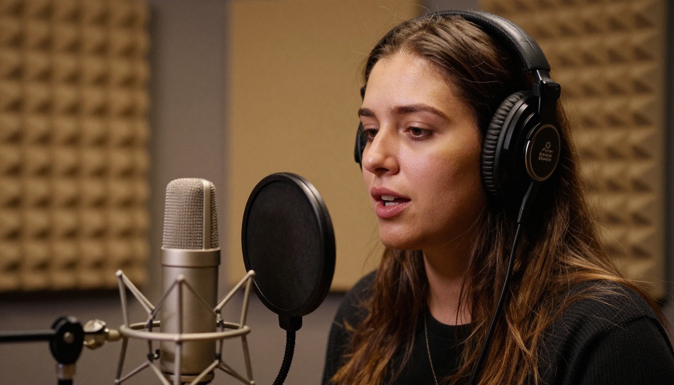 A voice-over artist speaking into a condenser microphone in a small home booth