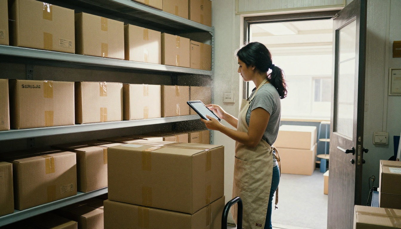 A woman in an apron checking a tablet beside shelves of packed shipping boxes