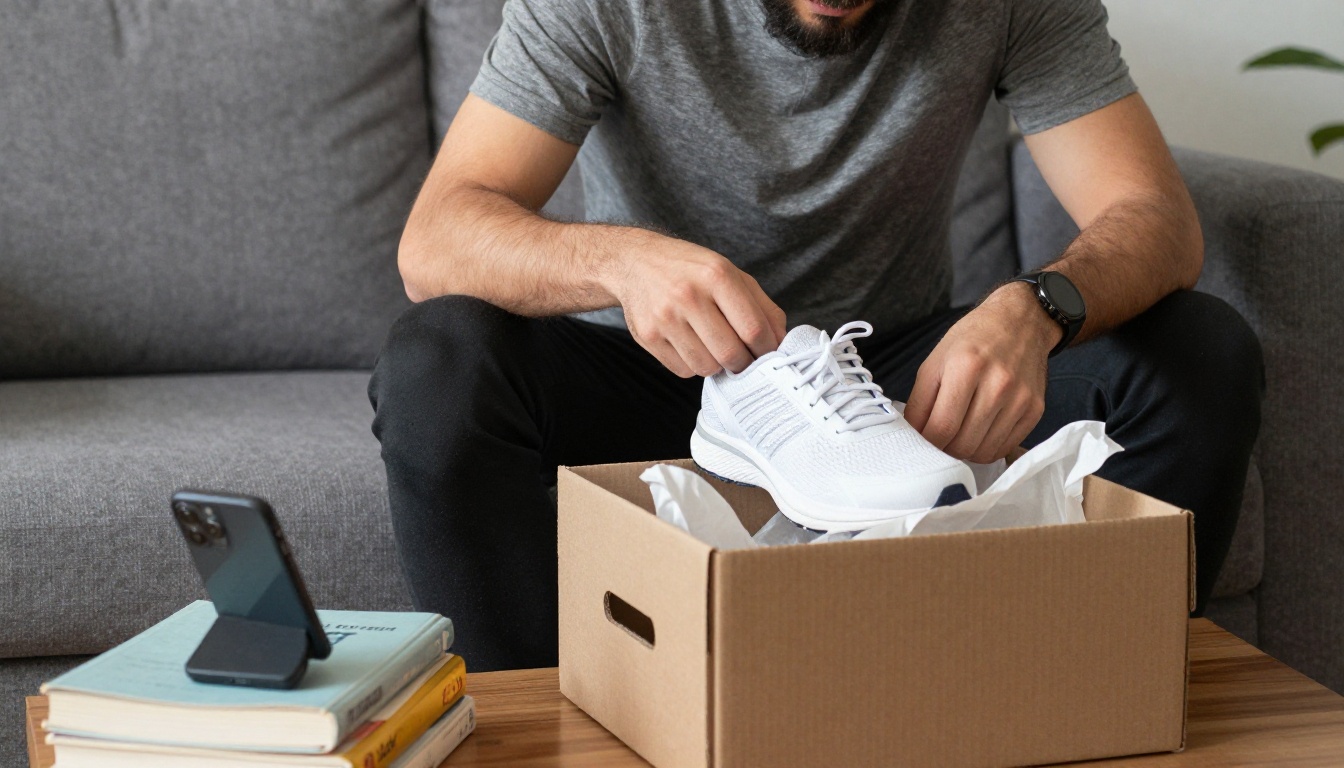Man unboxing white sneakers on a gray sofa while his phone records him