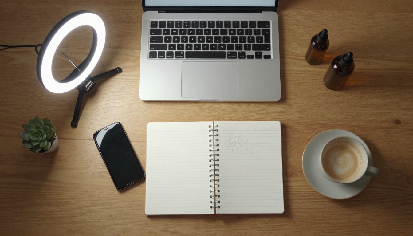 Top-down view of a creator desk with a phone on a tripod, a ring light and serum bottles