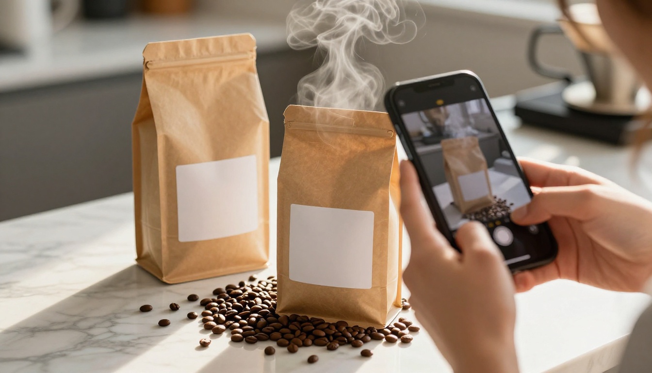 Hands filming a kraft paper coffee bag beside a pour-over dripper on a marble counter