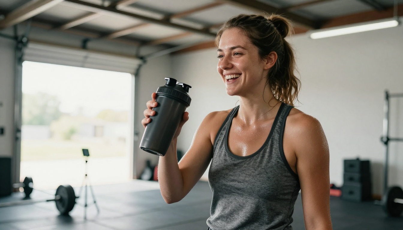 Athletic woman in a garage gym holding a shaker bottle toward a phone on a tripod