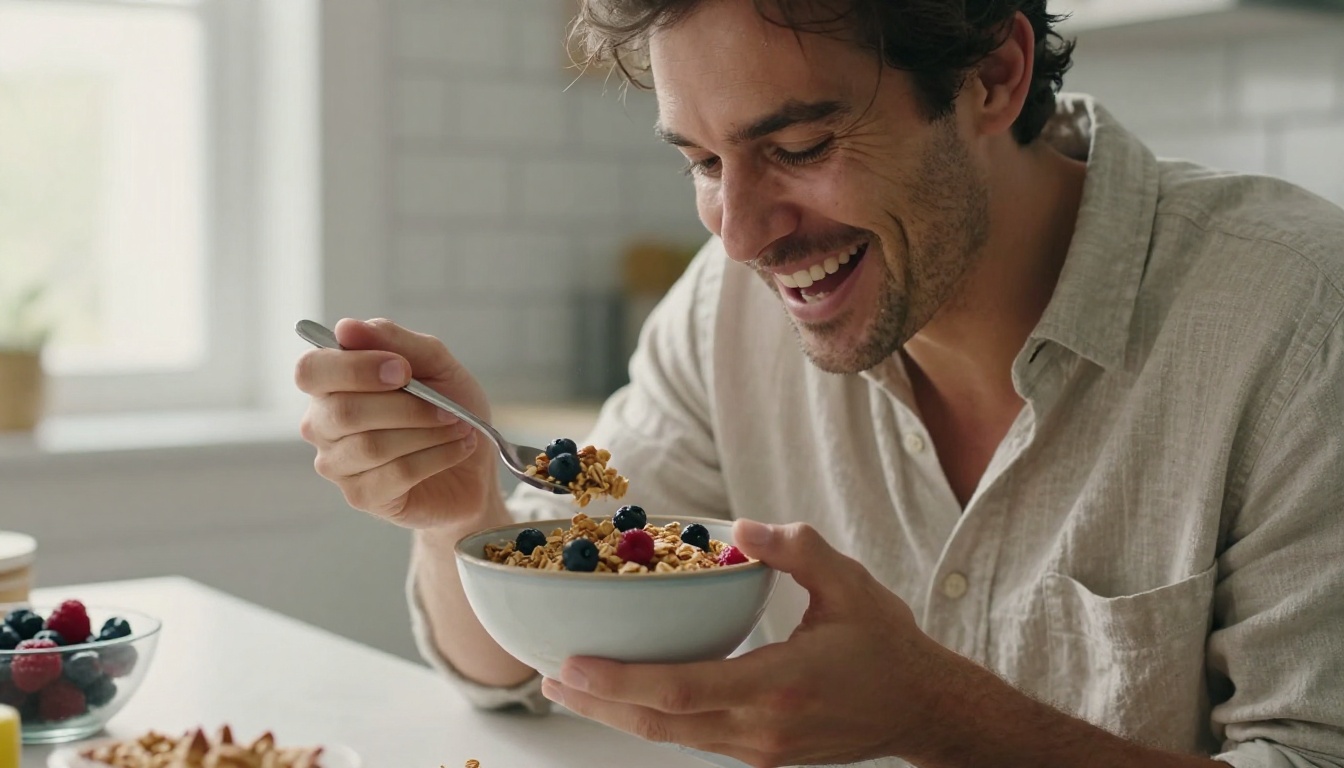 Man laughing at a sunlit kitchen island while holding a bowl of granola and berries