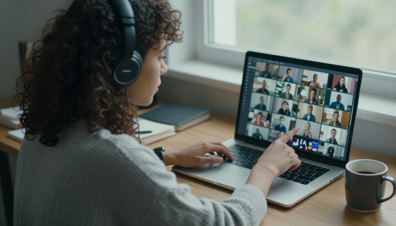 Creator reviewing vertical video drafts on a laptop at a wooden desk