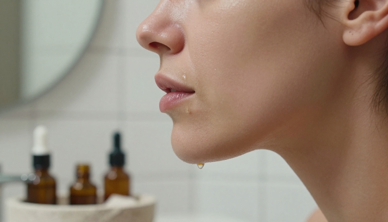 Close-up profile of a woman patting serum into her cheek in a bathroom