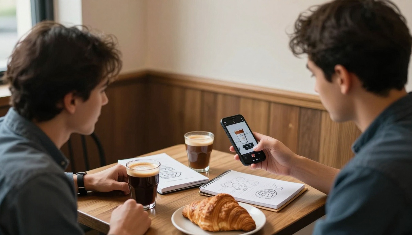 Two marketers reviewing a vertical product video on a phone at a cafe table
