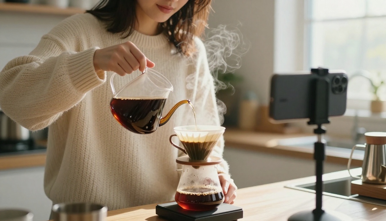 Hands filming a vertical coffee video with the face out of frame