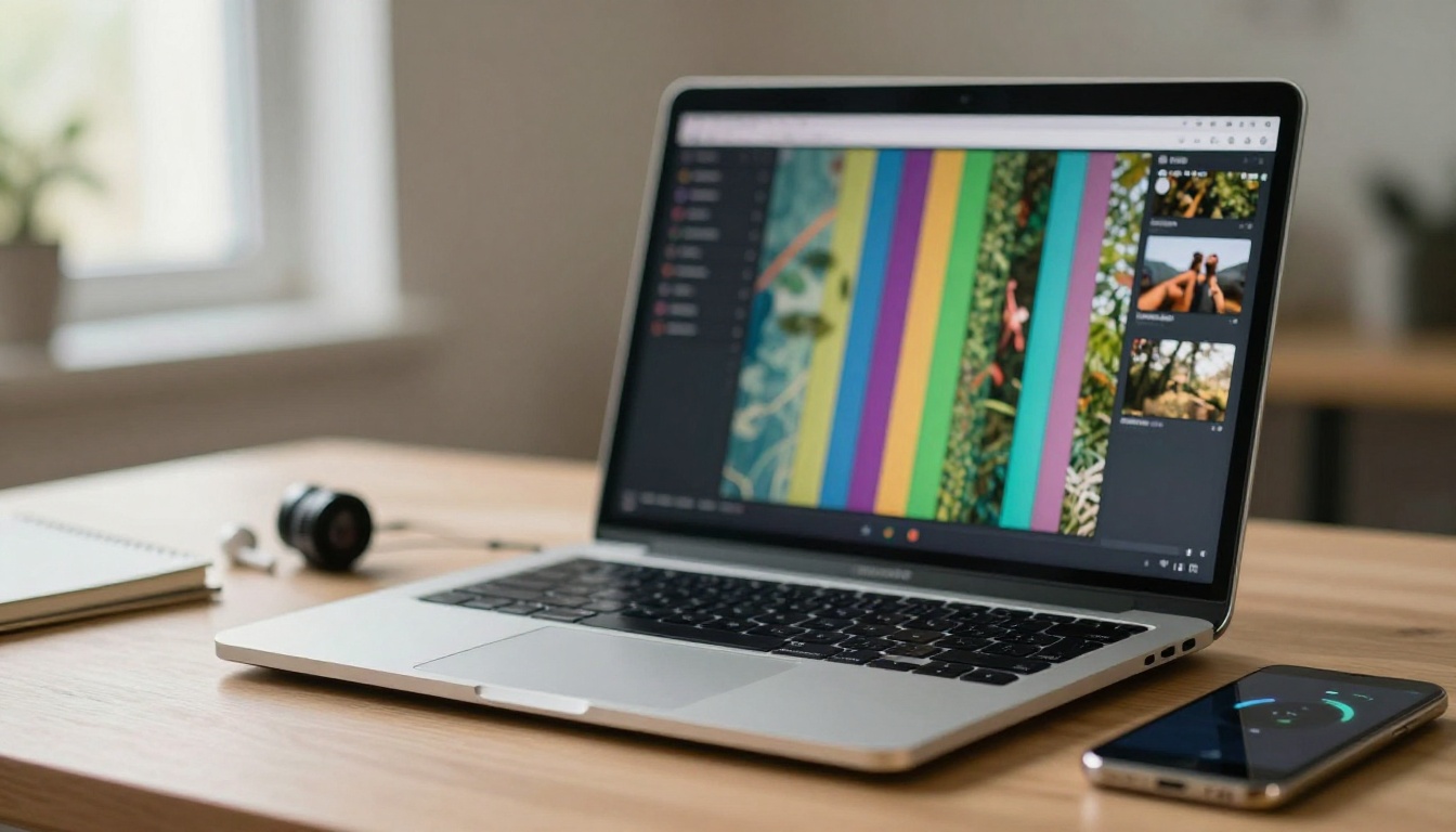 A laptop with a vertical video timeline next to a phone playing a nature clip