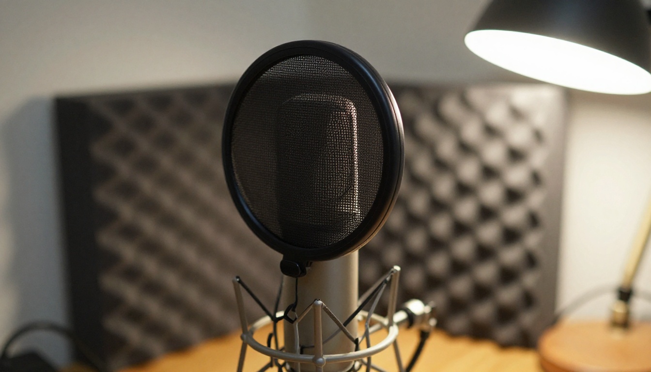 A studio condenser microphone with a pop filter in a small recording corner