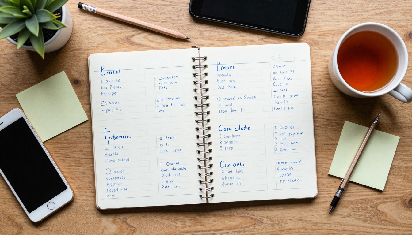 An open notebook with handwritten idea lists on a wooden table