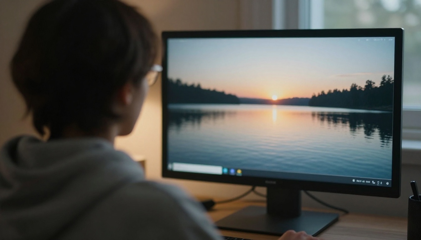 Over-the-shoulder view of a creator watching a vertical sunrise preview on a monitor