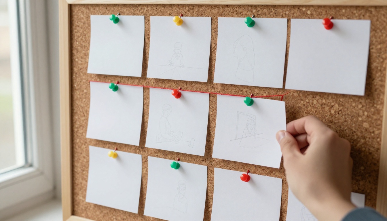 An index card storyboard pinned to a cork board