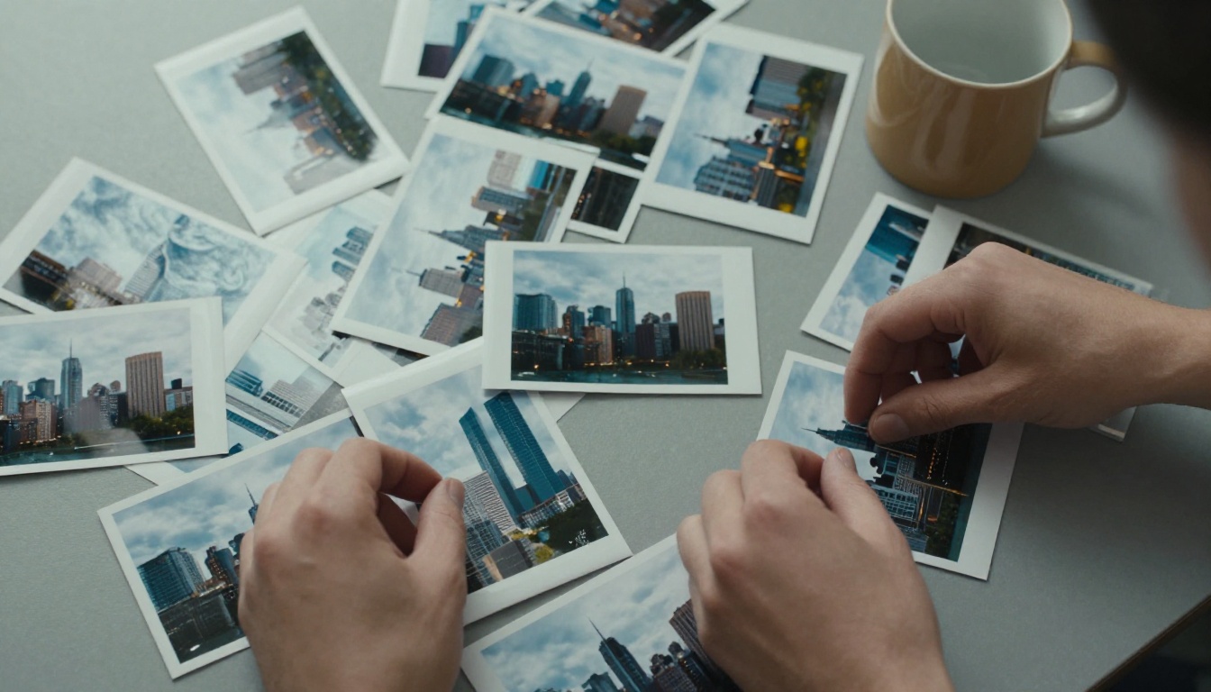 Two hands sorting nearly identical printed photographs of a skyline