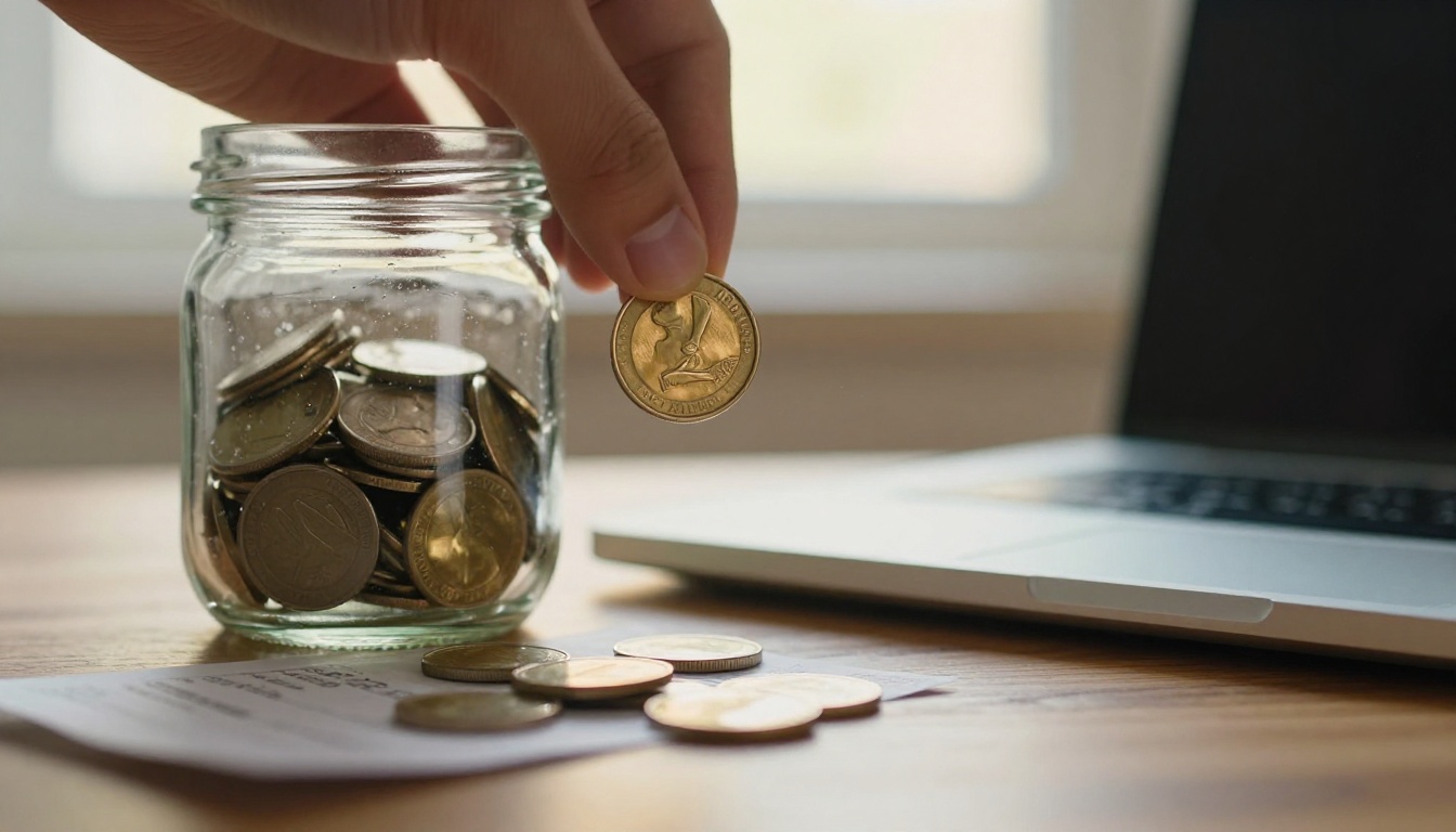 A hand dropping a coin into a glass jar beside an open laptop