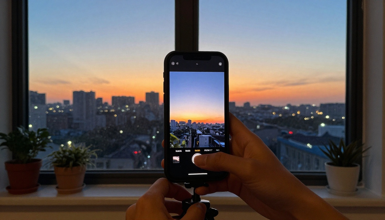 A smartphone on a tripod beside a window at dusk showing a vertical city skyline
