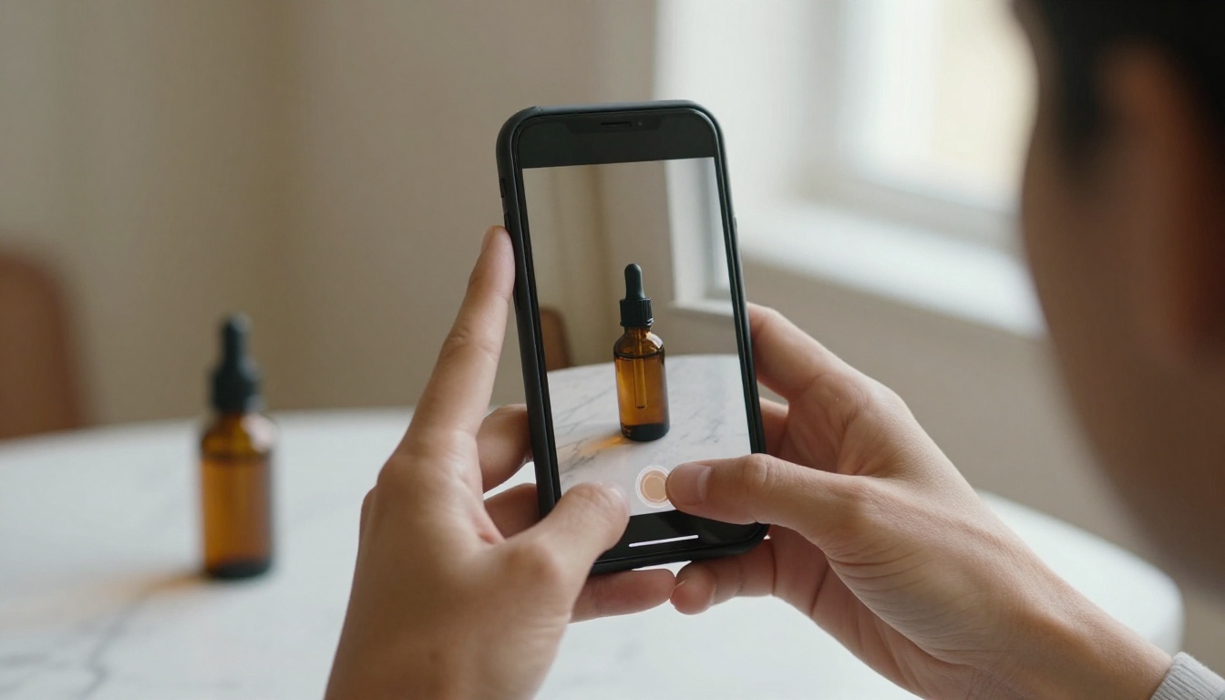 Hands holding a smartphone to film a serum bottle on a marble counter