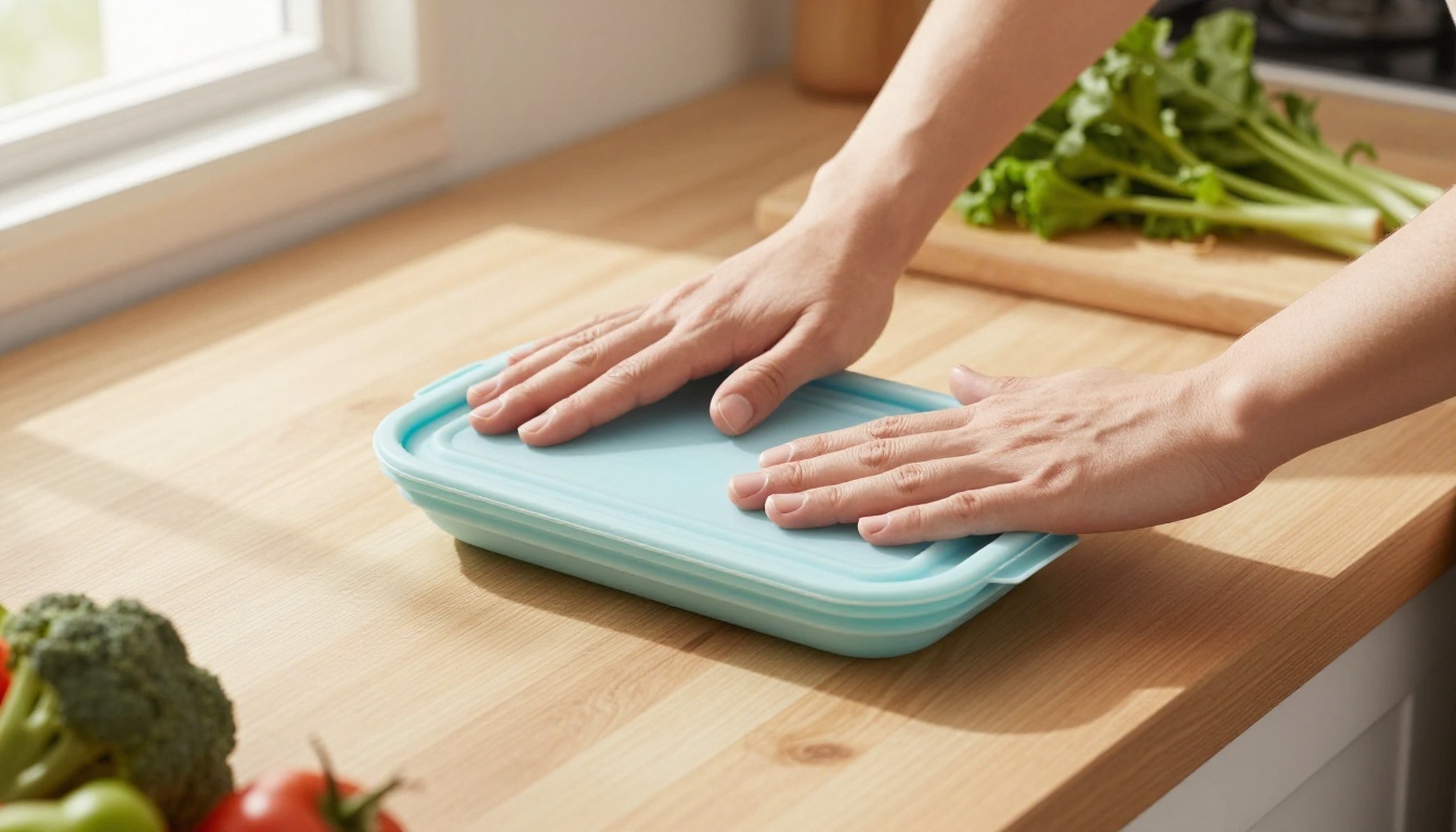 Overhead shot of two hands pressing a collapsible silicone container flat on a kitchen counter