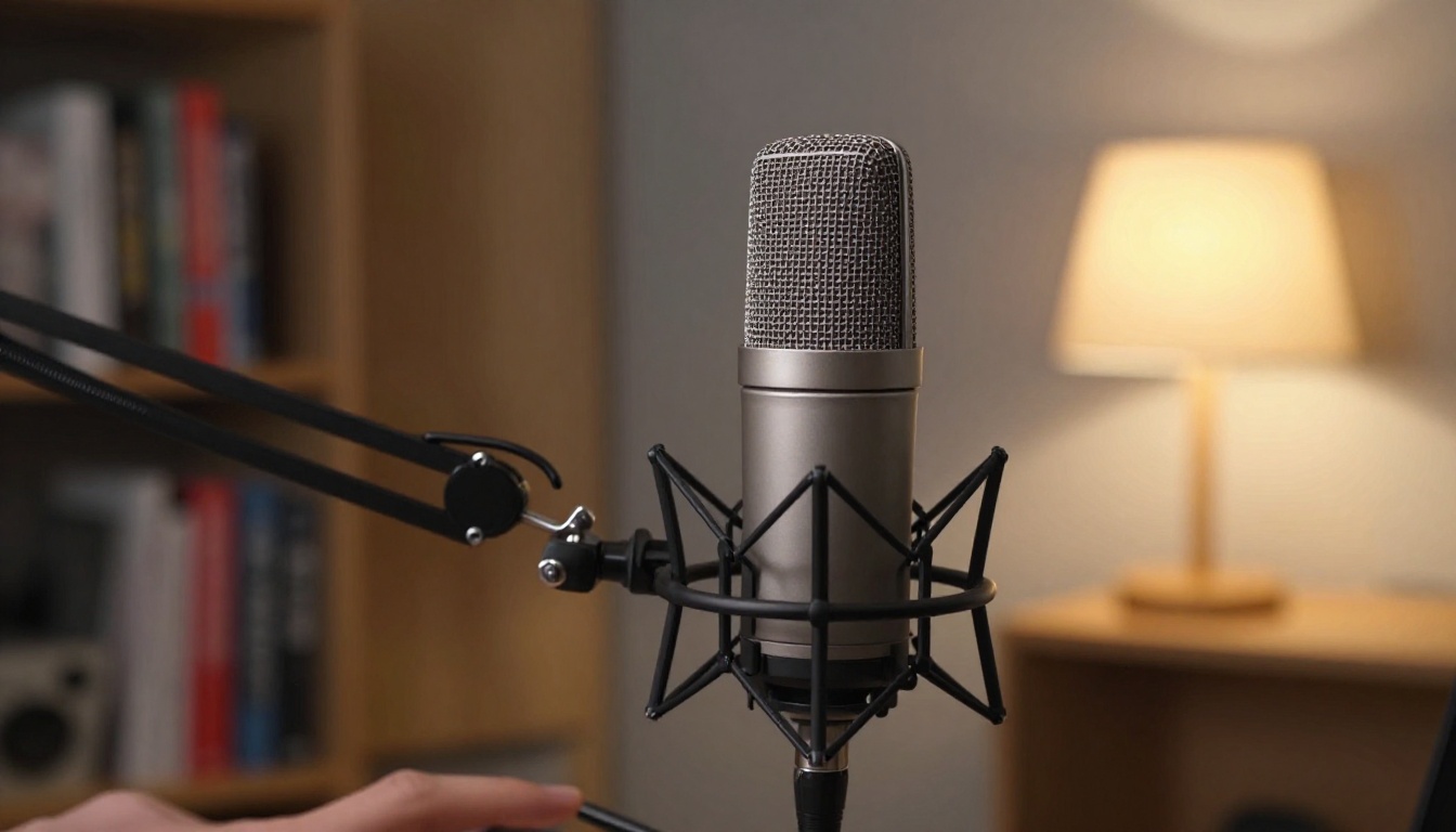 Condenser microphone with a pop filter on a boom arm in a home studio