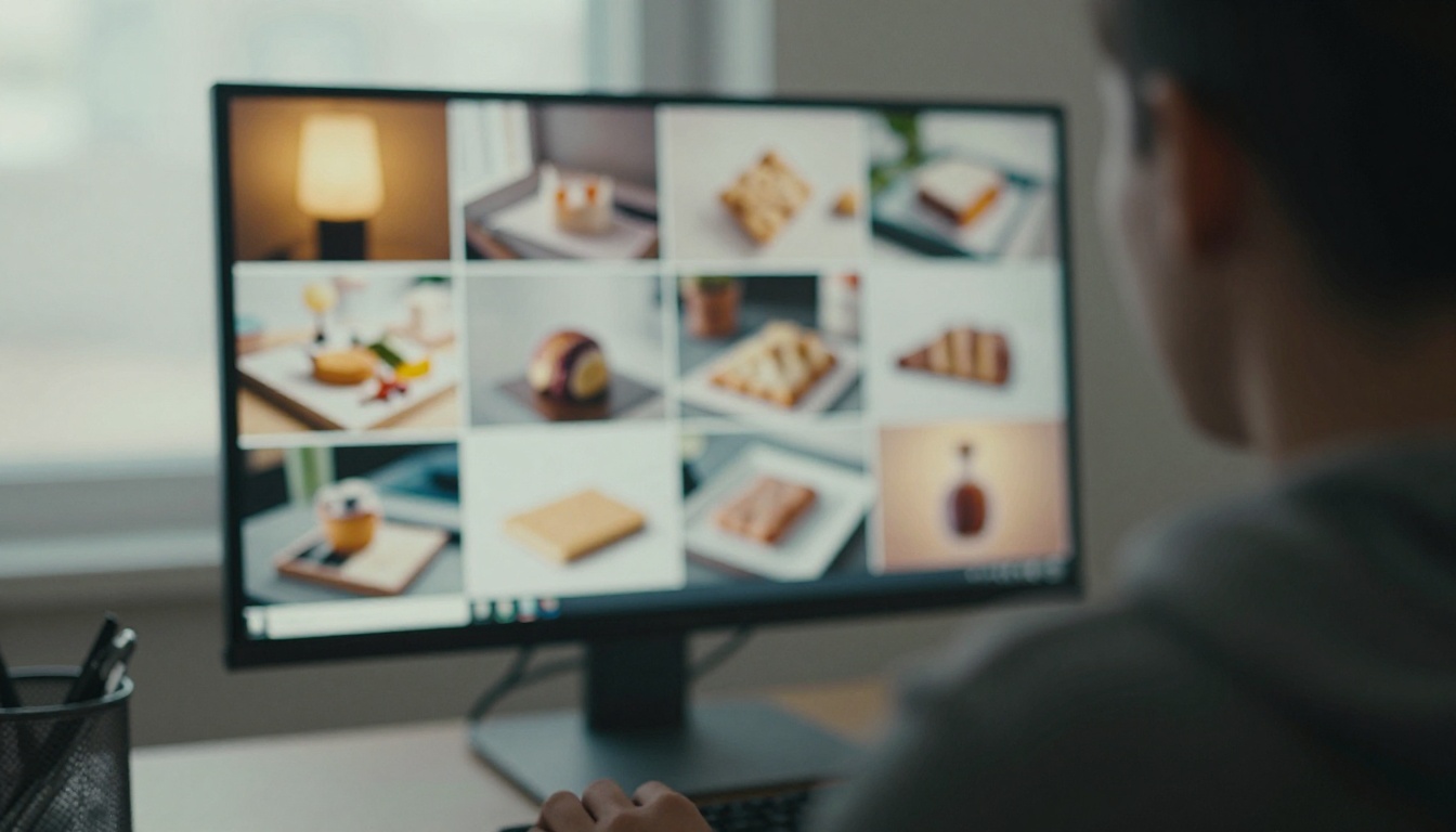 Person seen from behind reviewing a monitor filled with product photographs