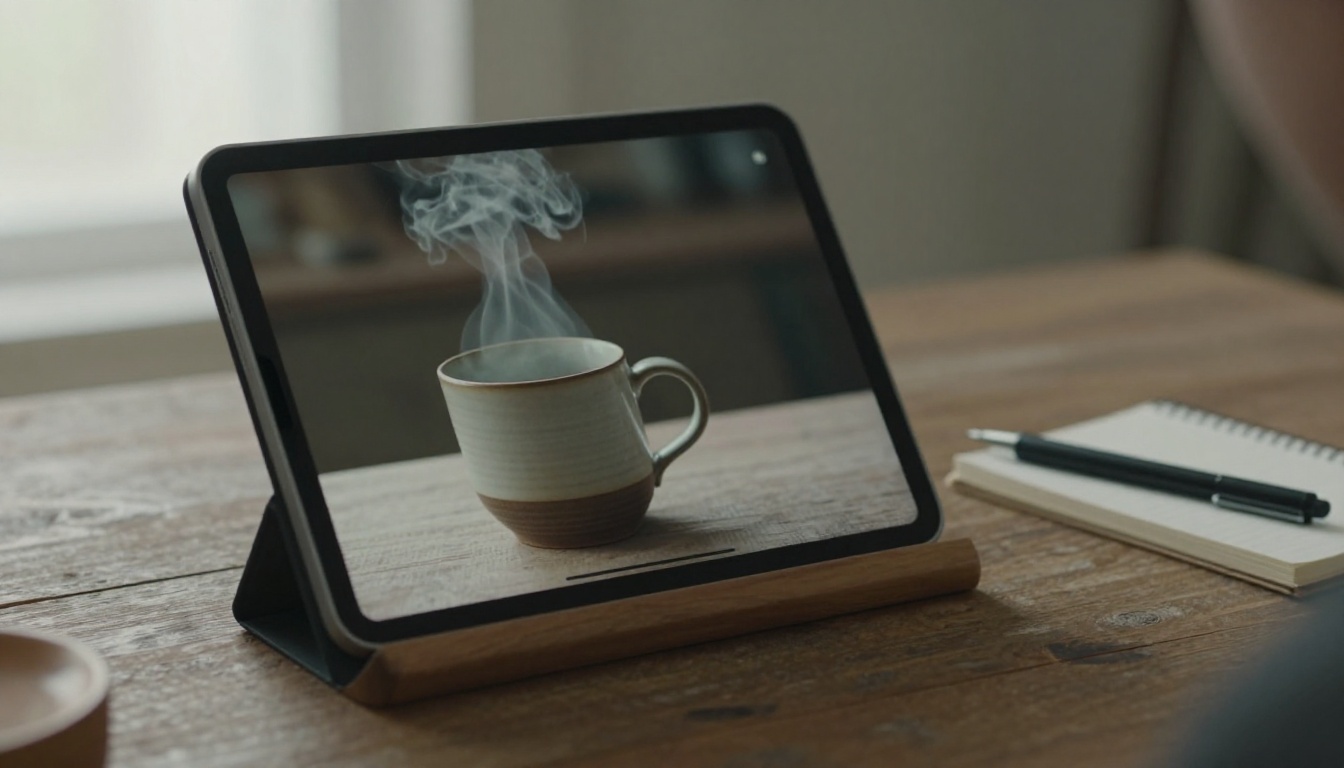 Tablet on a wooden stand showing a paused video frame of a steaming mug