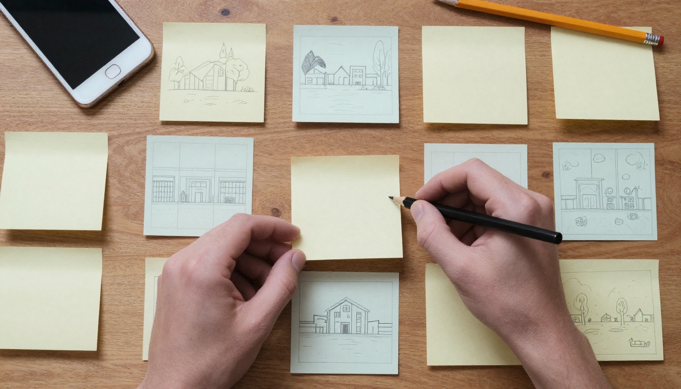 Top-down view of storyboard cards and sticky notes arranged on a wooden desk