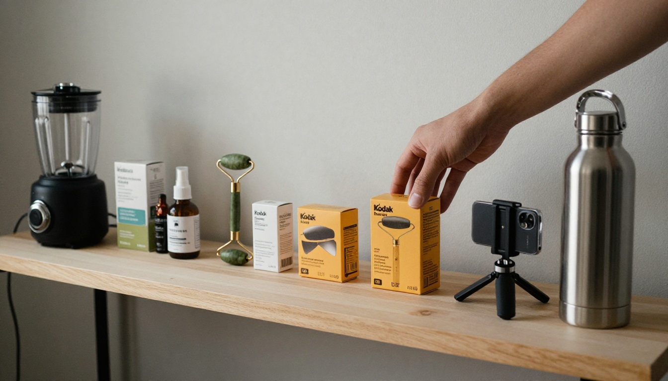 A hand lifting a boxed product from a shelf full of small home gadgets