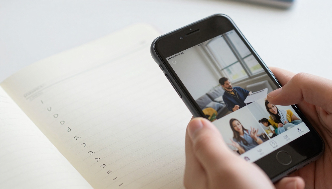 Hand holding a phone beside a notebook with a handwritten checklist