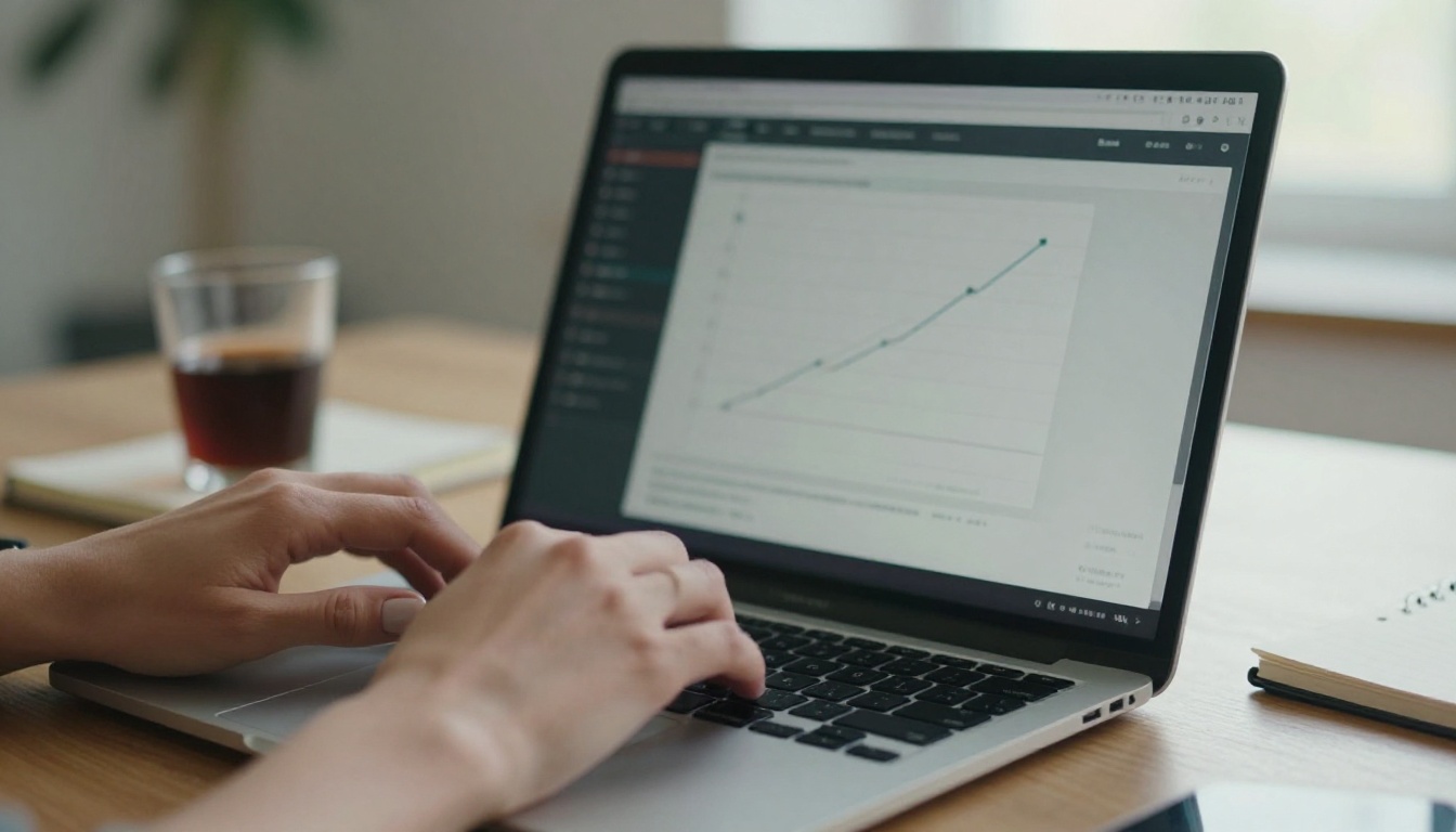 Creator reviewing a video dashboard on a laptop in a bright coworking space