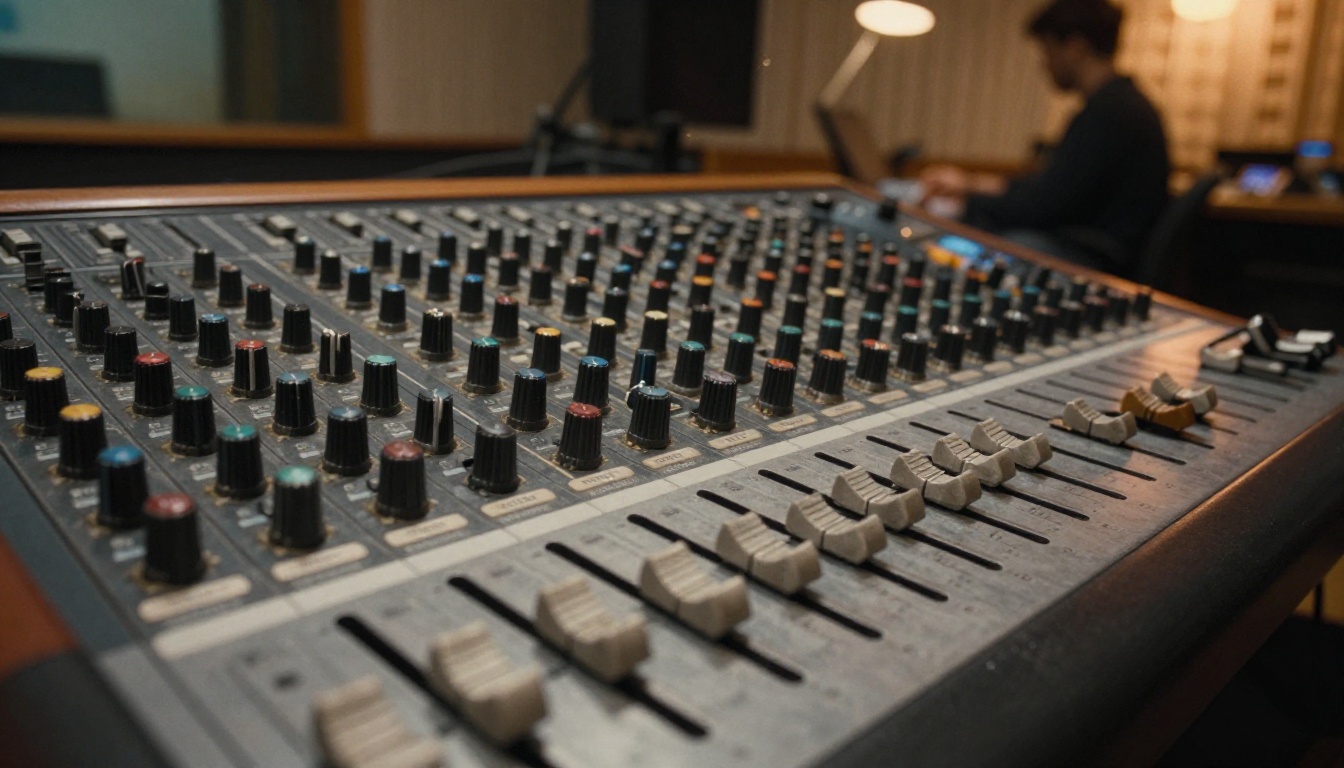 Vintage mixing console with a producer seated in the background