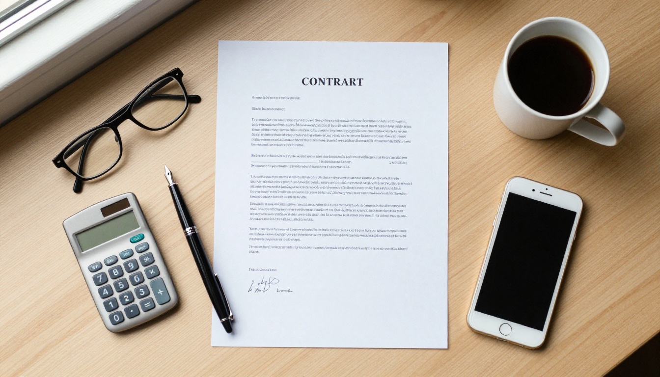 Printed contract, fountain pen and calculator on a wooden desk seen from above
