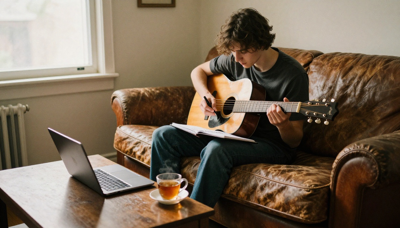 Young musician writing lyrics by hand with an acoustic guitar on a leather couch