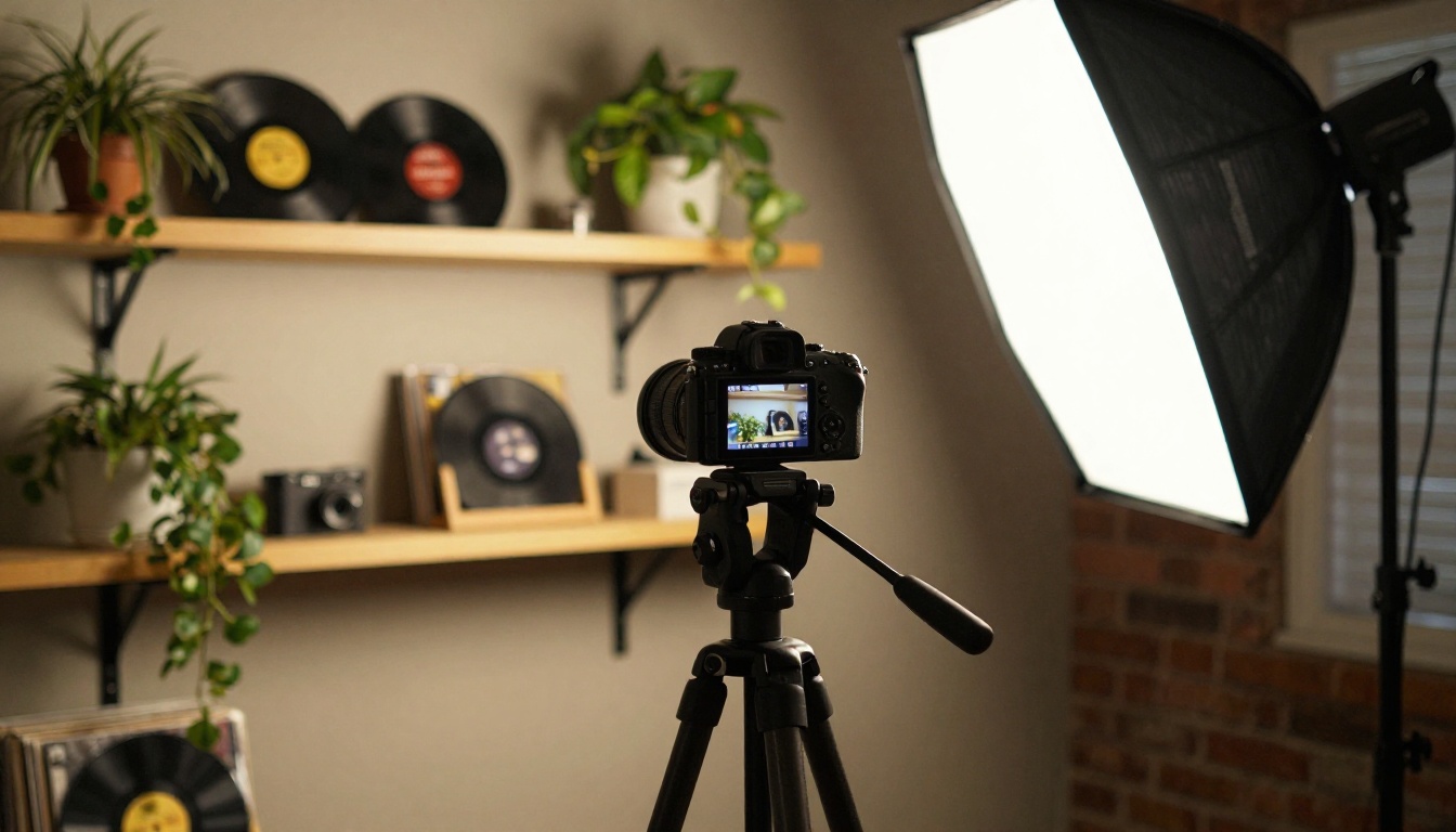 Content creator filming a lyric video setup with a camera on a tripod
