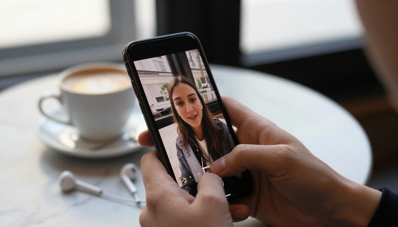 Hand holding a smartphone showing a short vertical video at a cafe table