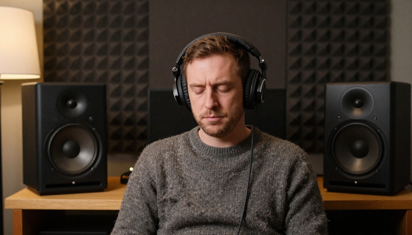 Producer listening closely to studio monitor speakers with headphones on