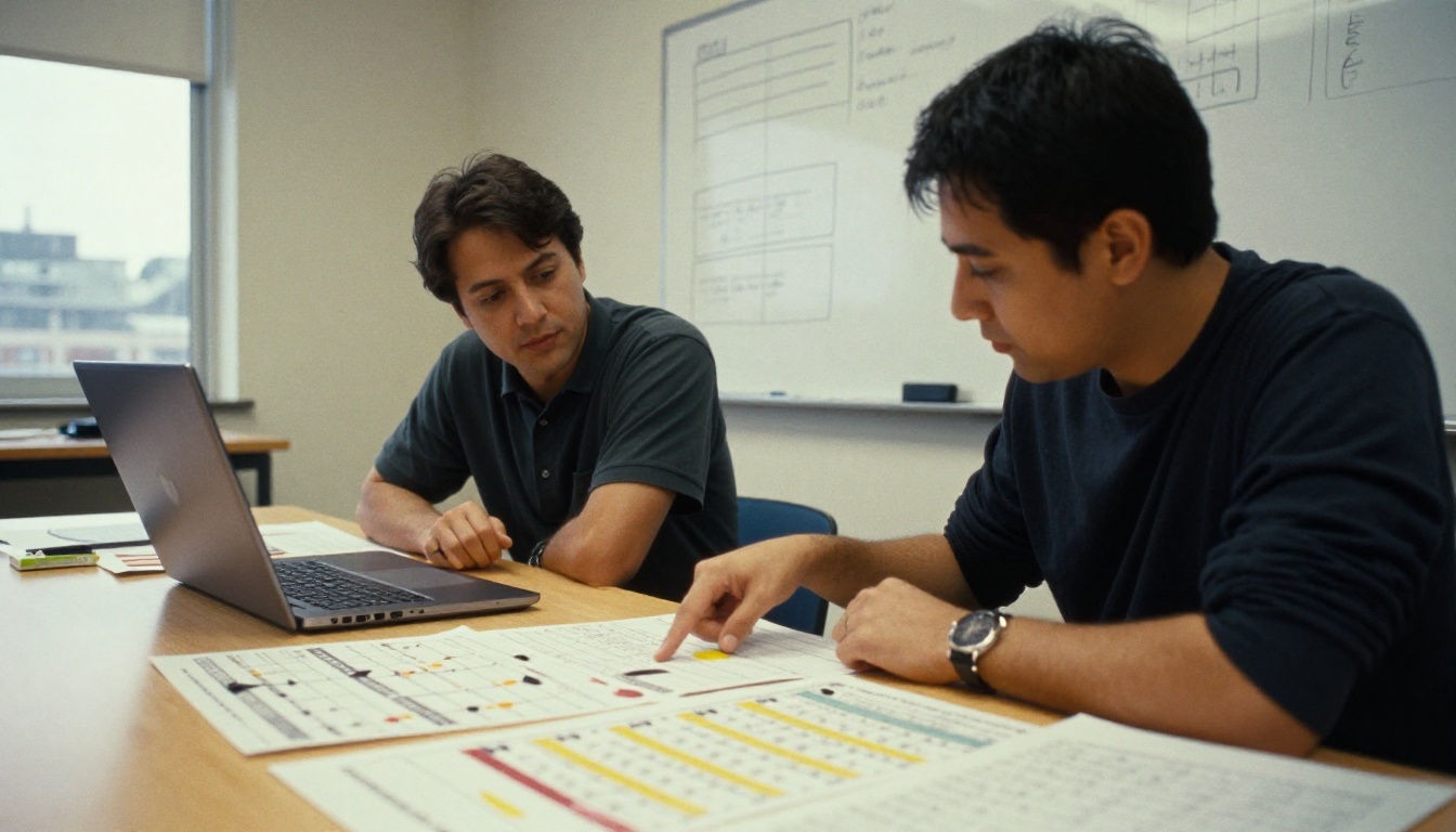 Two collaborators reviewing printed channel calendars at a long table