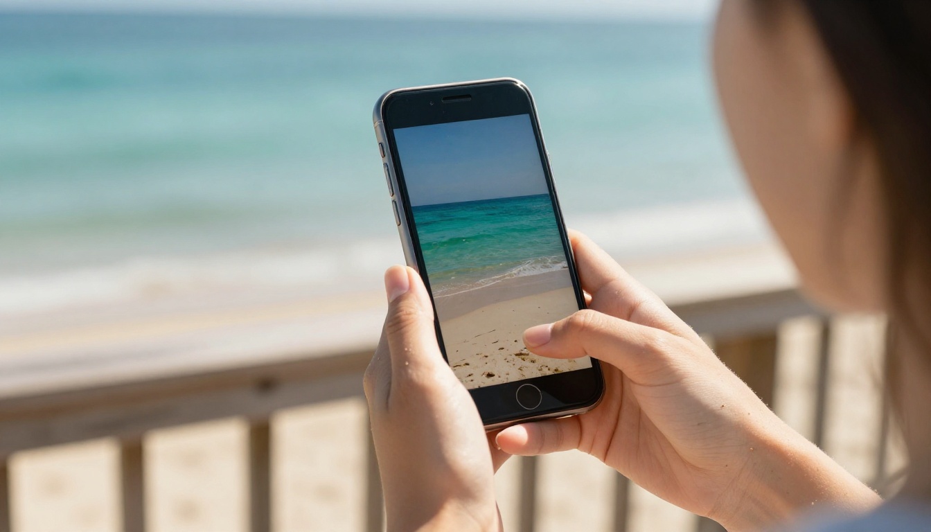 Hands holding a smartphone on a sunny beach showing a clean vacation photo Hands holding a smartphone on a sunny beach showing a clean vacation photo