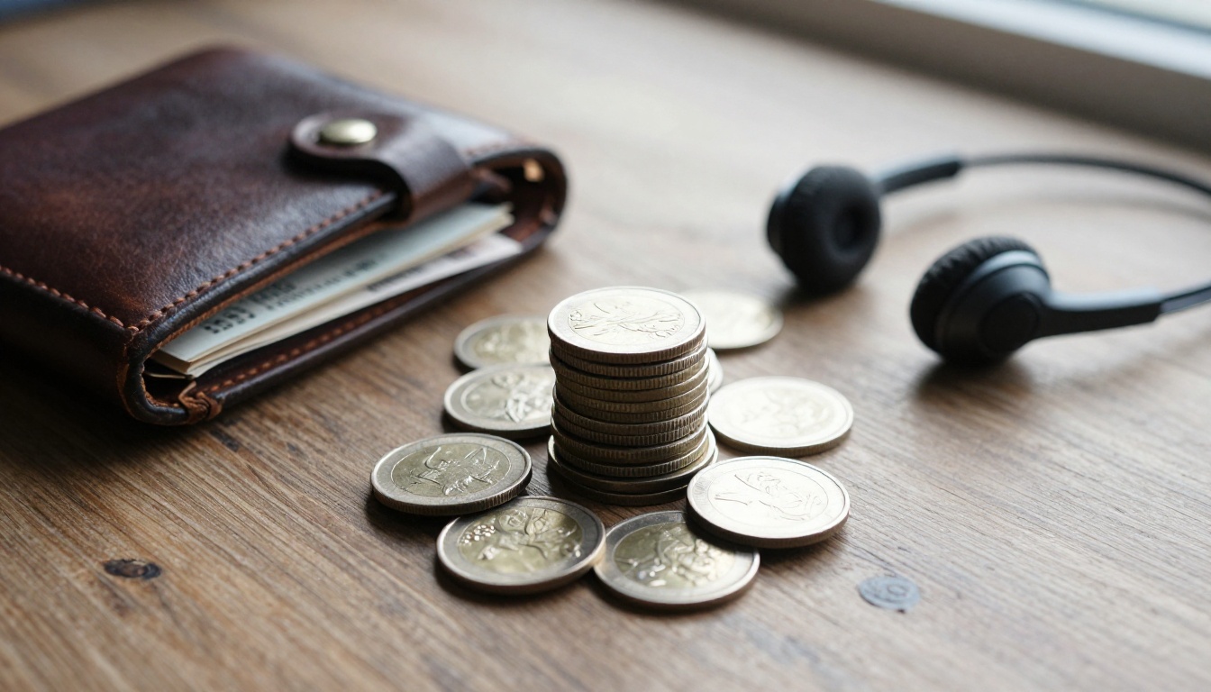 Coins, a leather wallet and a bank statement beside headphones on an oak table