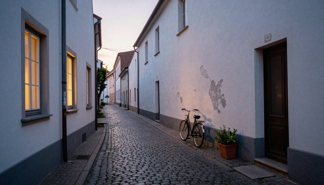 Empty cobblestone alley at blue hour with a single vintage bicycle Empty cobblestone alley at blue hour with a single vintage bicycle