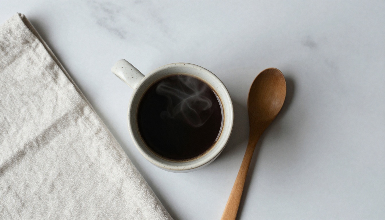 Flat-lay of a ceramic coffee mug on a marble table with no labels or clutter Flat-lay of a ceramic coffee mug on a marble table with no labels or clutter