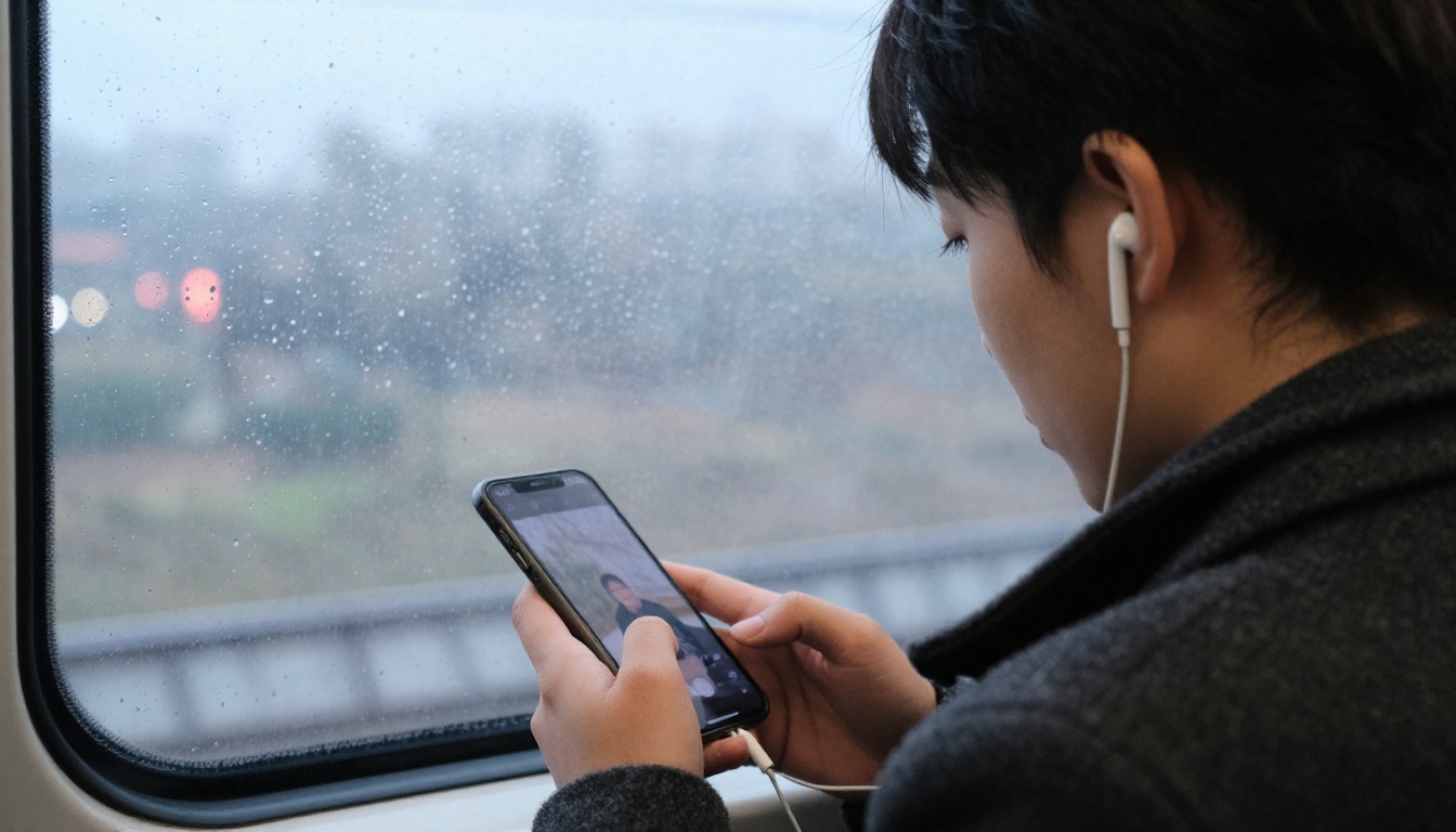 Commuter on a morning train watching a video on a phone with one earbud in